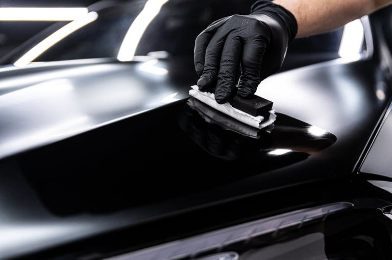Black car with deep gloss finish after professional ceramic coating detailing