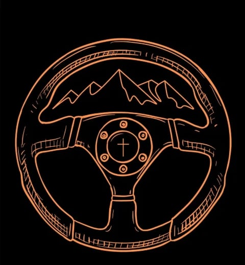 Orange line drawing of a car steering wheel with mountain design and cross symbol on black background