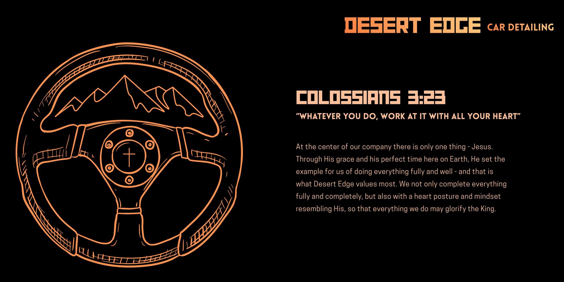 Desert Edge car detailing logo featuring steering wheel design with Colossians 3:23 Bible verse on black background